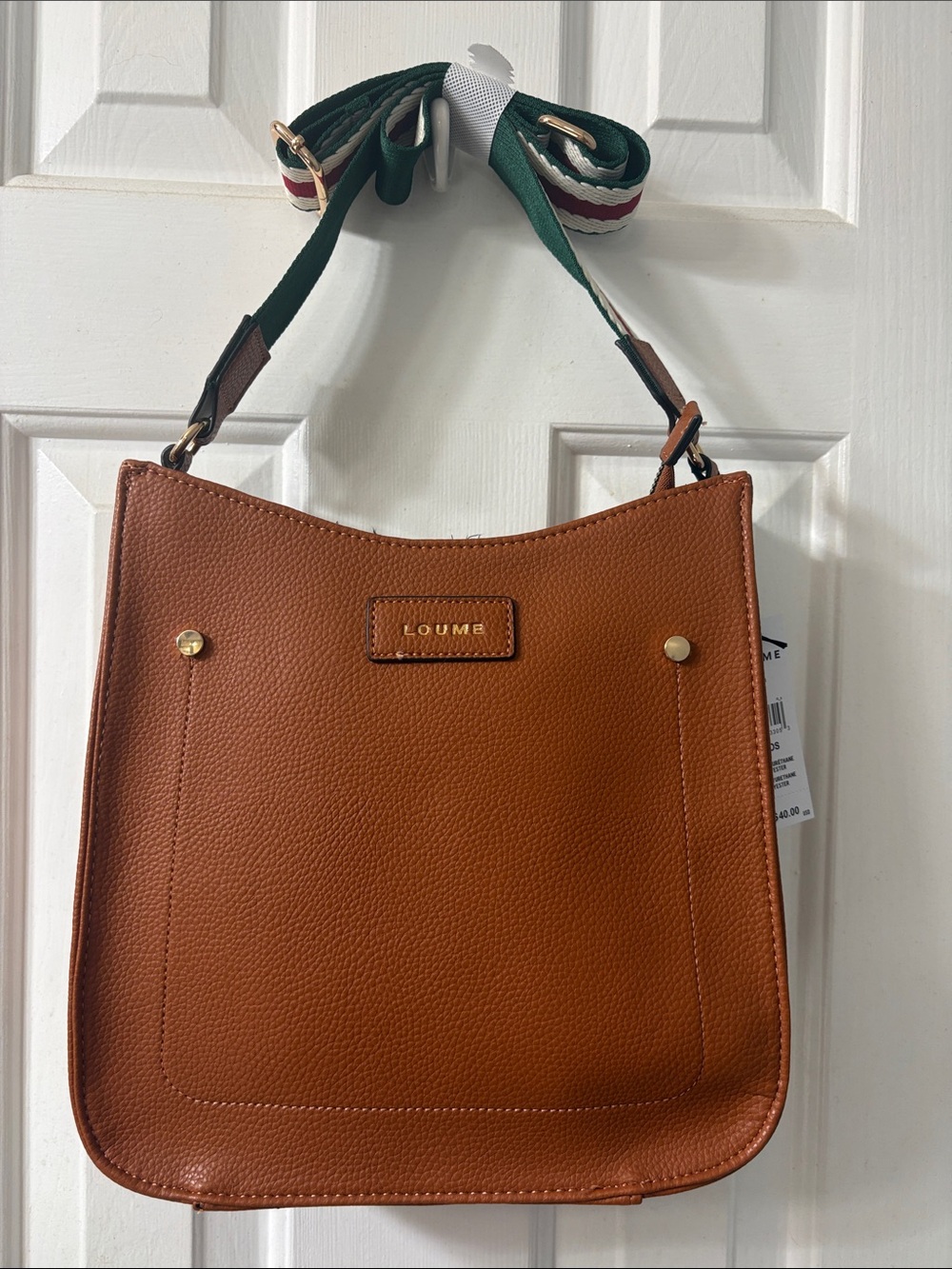 LOUBÉ Tan Pebbled Leather Crossbody with Striped Removable Strap